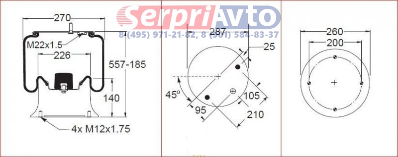 Пневморессора  ( без стакана)  (2шп смещ + воздух 4отв) Wielton 
